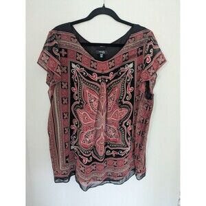 Women's Plus 3X Red Black Boho Indie Floral Cap Sleeve Lined Lightweight Blouse